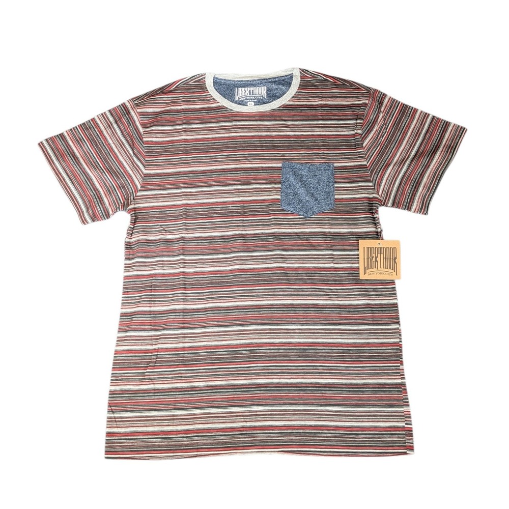 Libertador New York City Mens XL Striped Pocket T-Shirt Red Grey Black NWT